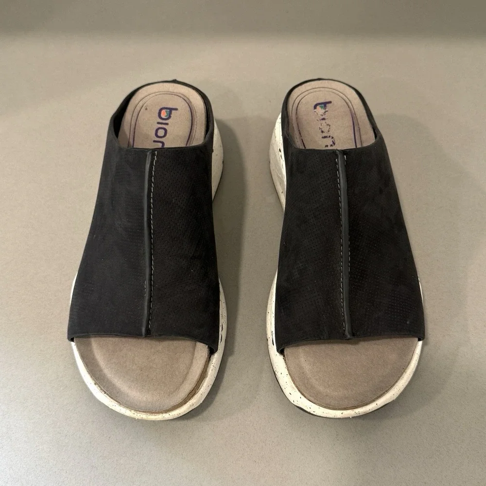 Bionica Oceana Wedge Slide 7.5 Black Leather Slip On Comfort Sporty Platform